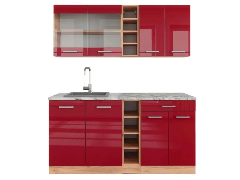 Discount Vicco R-Line Singleküche Bordeaux Hochglanz/Goldkraft Eiche 160 cm AP Marmor ohne E-Geräte Bordeaux-Glanz