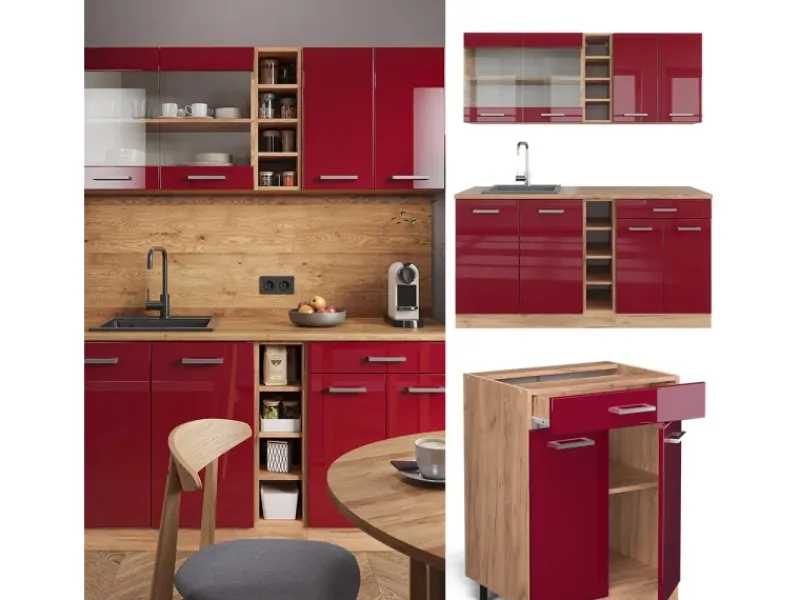 Discount Vicco R-Line Singleküche Bordeaux Hochglanz/Goldkraft Eiche 160 cm AP Marmor ohne E-Geräte Bordeaux-Glanz