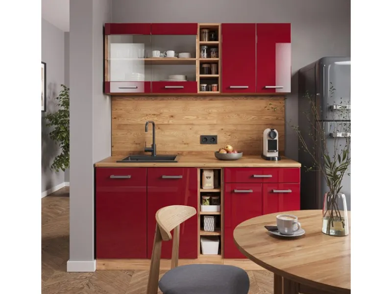 Discount Vicco R-Line Singleküche Bordeaux Hochglanz/Goldkraft Eiche 160 cm AP Marmor ohne E-Geräte Bordeaux-Glanz