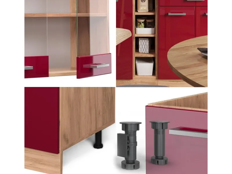 Discount Vicco R-Line Singleküche Bordeaux Hochglanz/Goldkraft Eiche 160 cm AP Marmor ohne E-Geräte Bordeaux-Glanz
