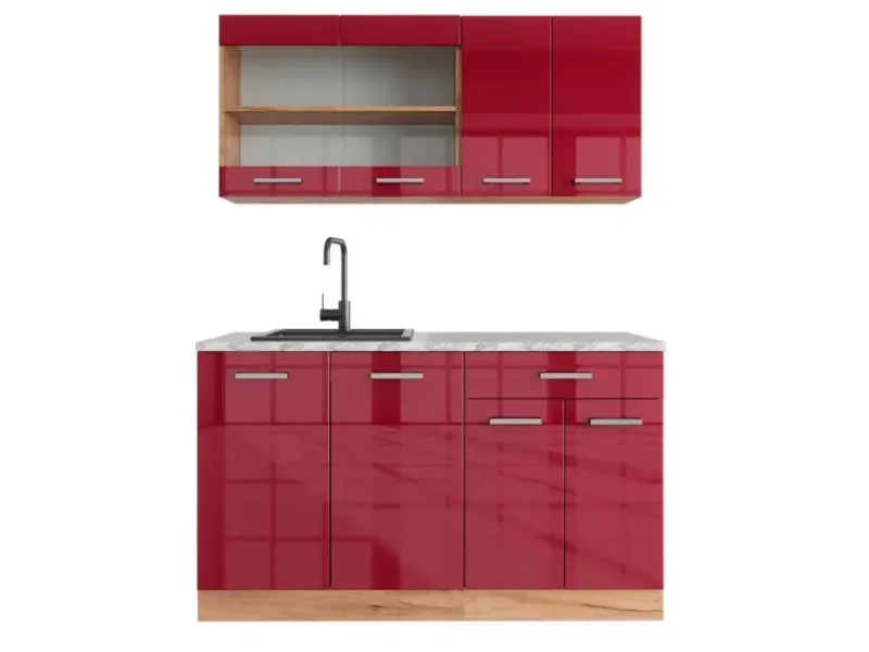 Vicco R-Line Singleküche Bordeaux Hochglanz/Goldkraft Eiche 140 cm AP Marmor ohne E-Geräte< Single-Küchen