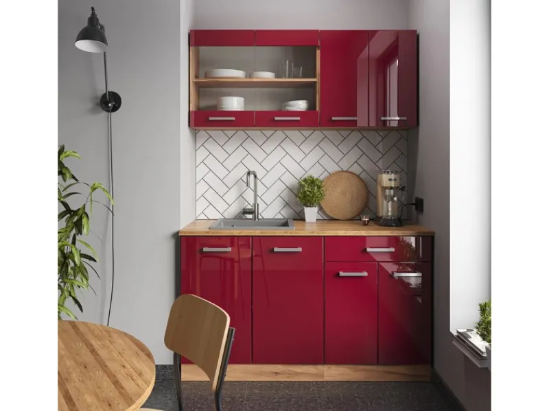 Vicco R-Line Singleküche Bordeaux Hochglanz/Goldkraft Eiche 140 cm AP Marmor ohne E-Geräte< Single-Küchen