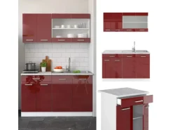 Single-Küchen<Vicco R-Line Singleküche Bordeaux Hochglanz/Weiß 140 cm AP Eiche ohne E-Geräte
