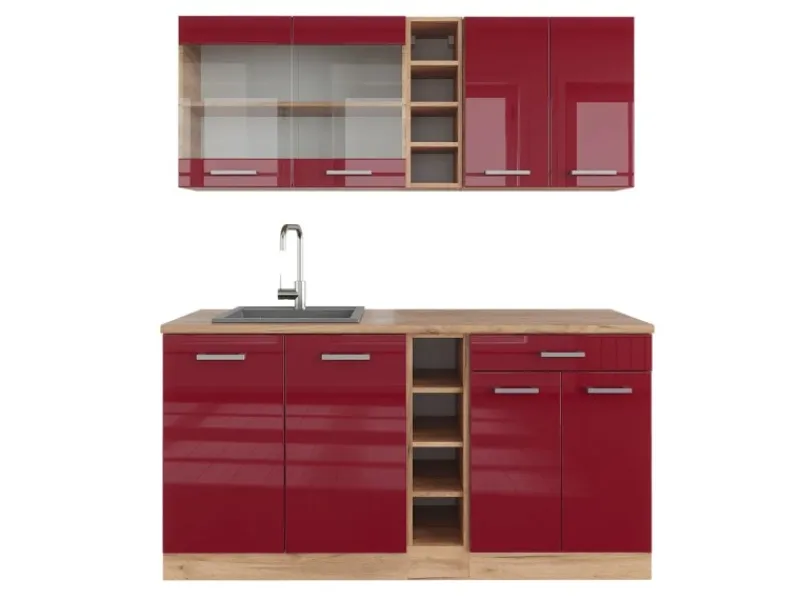Single-Küchen|Einbauküchen<Vicco R-Line Singleküche Bordeaux Hochglanz/Goldkraft Eiche 160 cm AP Eiche ohne E-Geräte