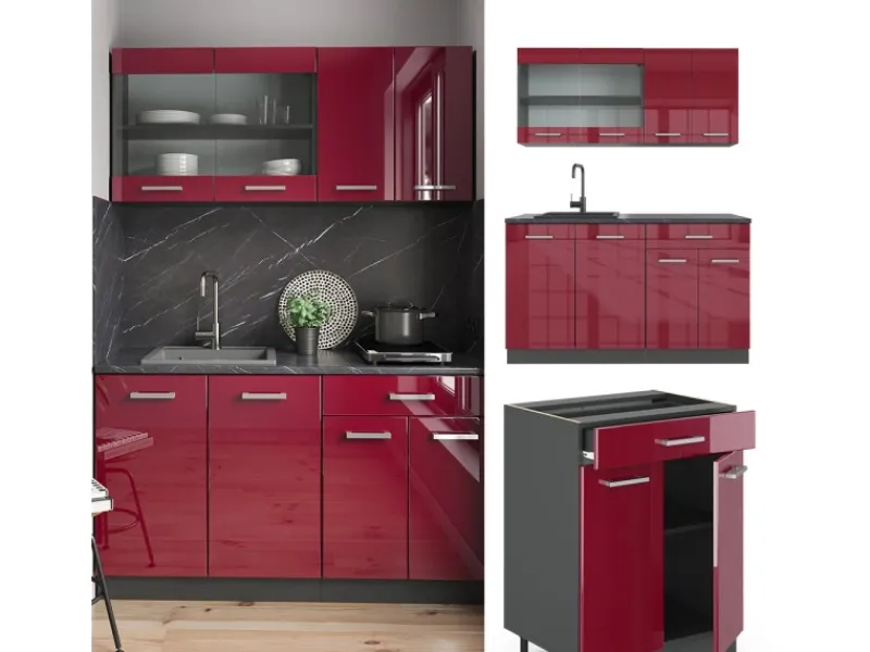 Sale Vicco R-Line Singleküche Bordeaux Hochglanz/Anthrazit 140 cm AP Marmor ohne E-Geräte Brilliant Bordeaux