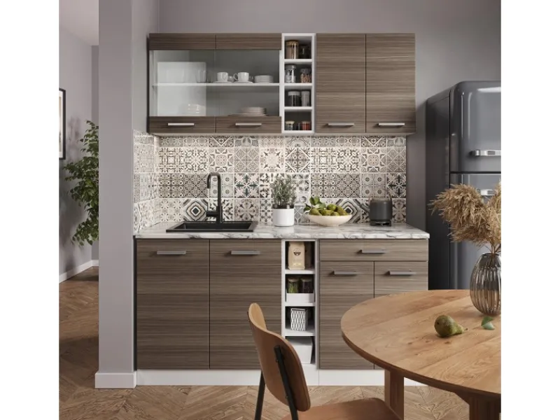 Vicco R-Line Singleküche /Weiß 160 cm AP Eiche ohne E-Geräte Edelgrau