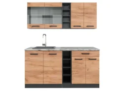 Vicco R-Line Singleküche Goldkraft Eiche/Anthrazit 160 cm AP Marmor ohne E-Geräte< Single-Küchen