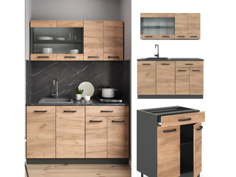 Outlet Vicco R-Line SingleKüche Goldkraft Eiche/Anthrazit 140 cm AP Eiche Opt 2 ohne E-Geräte