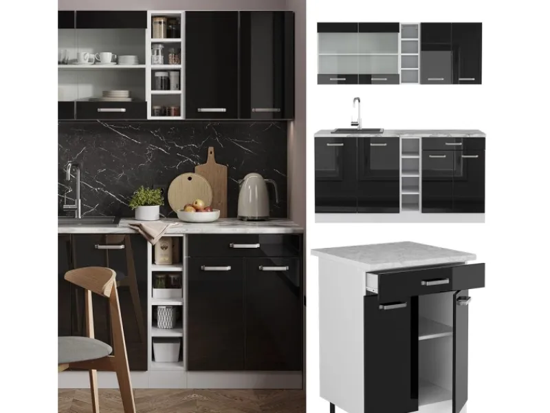 Clearance Vicco R-Line Singleküche /Weiß 160 cm AP Anthrazit ohne E-Geräte Schwarz Hochglanz
