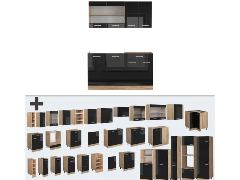 Outlet Vicco R-Line Singleküche /Goldkraft Eiche 140 cm ohne Arbeitsplatte ohne E-Geräte Schwarz Hochglanz