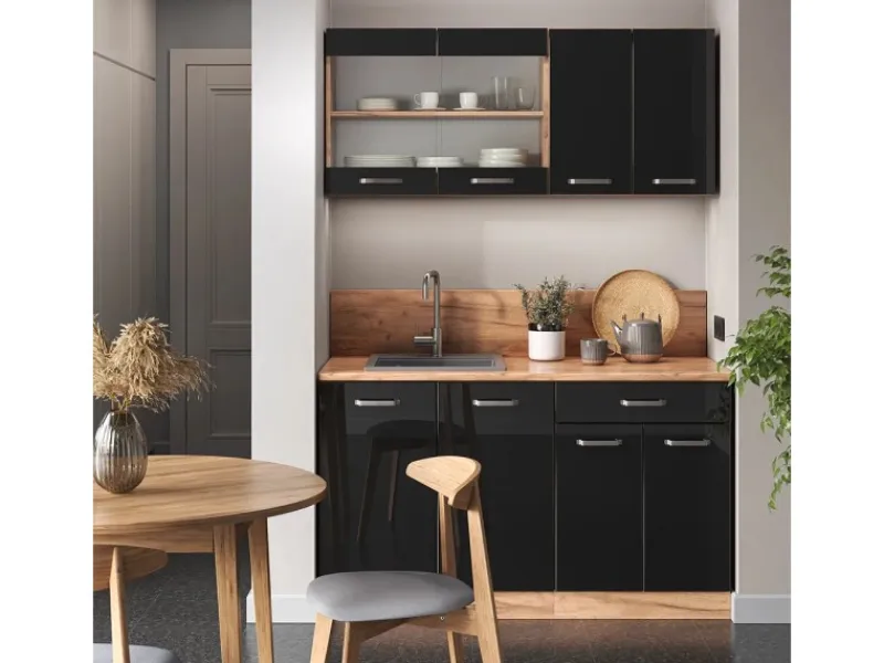 Outlet Vicco R-Line Singleküche /Goldkraft Eiche 140 cm AP Anthrazit ohne E-Geräte Schwarz Hochglanz