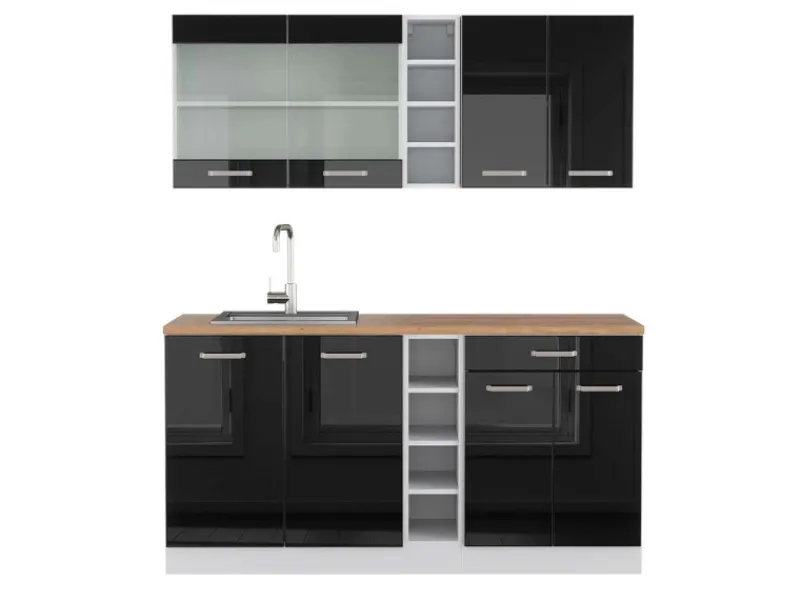 Best Vicco R-Line Singleküche /Weiß 160 cm AP Eiche ohne E-Geräte Schwarz Hochglanz