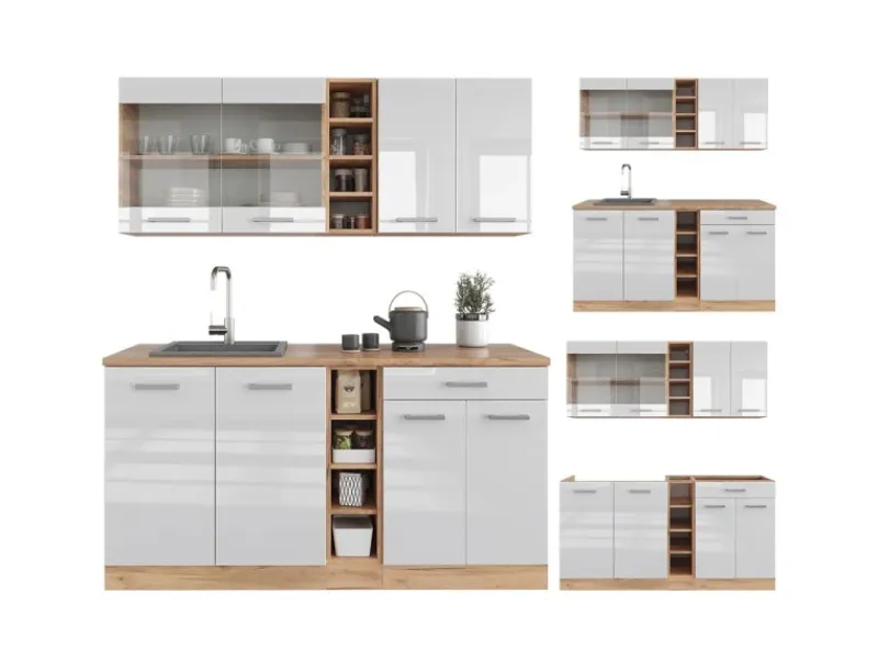 Single-Küchen|Herde<Vicco R-Line Singleküche Weiß Hochglanz/Goldkraft Eiche 160 cm ohne Arbeitsplatte ohne E-Geräte