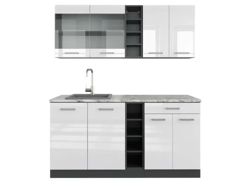 New Vicco R-Line Singleküche /Anthrazit 160 cm AP Marmor ohne E-Geräte Weiß Hochglanz