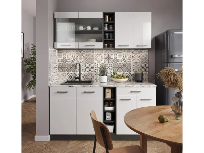 New Vicco R-Line Singleküche /Anthrazit 160 cm AP Marmor ohne E-Geräte Weiß Hochglanz