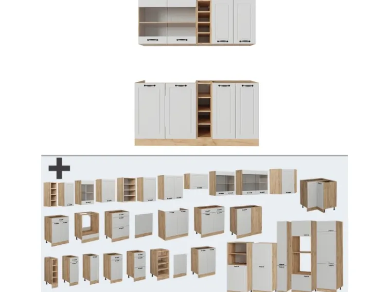 Vicco R-Line Singleküche Weiß Landhaus/Goldkraft Eiche 160 cm AP Marmor ohne E-Geräte Weiß Struktur