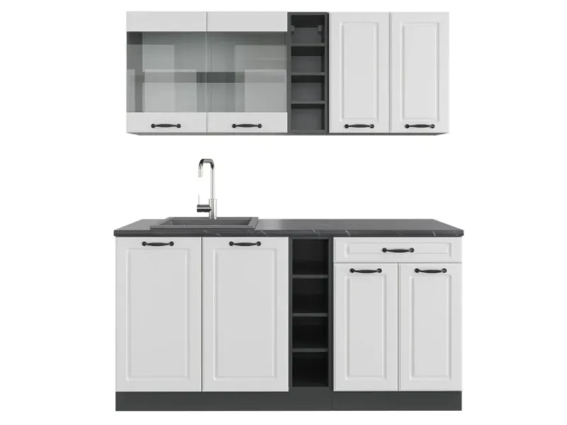 Vicco R-Line Singleküche Weiß Landhaus/Anthrazit 160 cm ohne Arbeitsplatte ohne E-Geräte Weiß Strukturiert