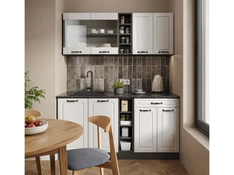 Vicco R-Line Singleküche Weiß Landhaus/Anthrazit 160 cm ohne Arbeitsplatte ohne E-Geräte Weiß Strukturiert