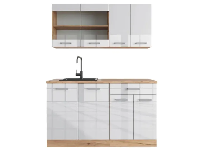 Vicco R-Line Singleküche Weiß Hochglanz/Goldkraft Eiche 140 cm ohne Arbeitsplatte ohne E-Geräte< Single-Küchen|Einbauküchen