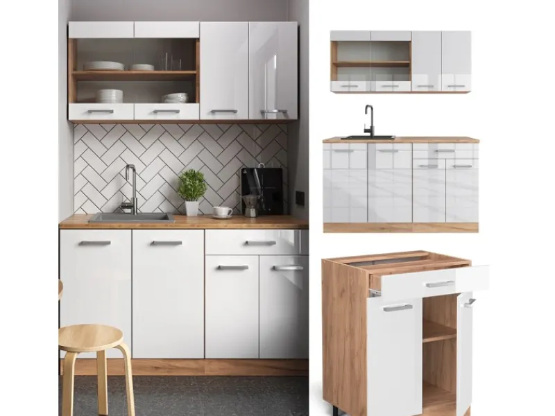 Vicco R-Line Singleküche Weiß Hochglanz/Goldkraft Eiche 140 cm ohne Arbeitsplatte ohne E-Geräte< Single-Küchen|Einbauküchen