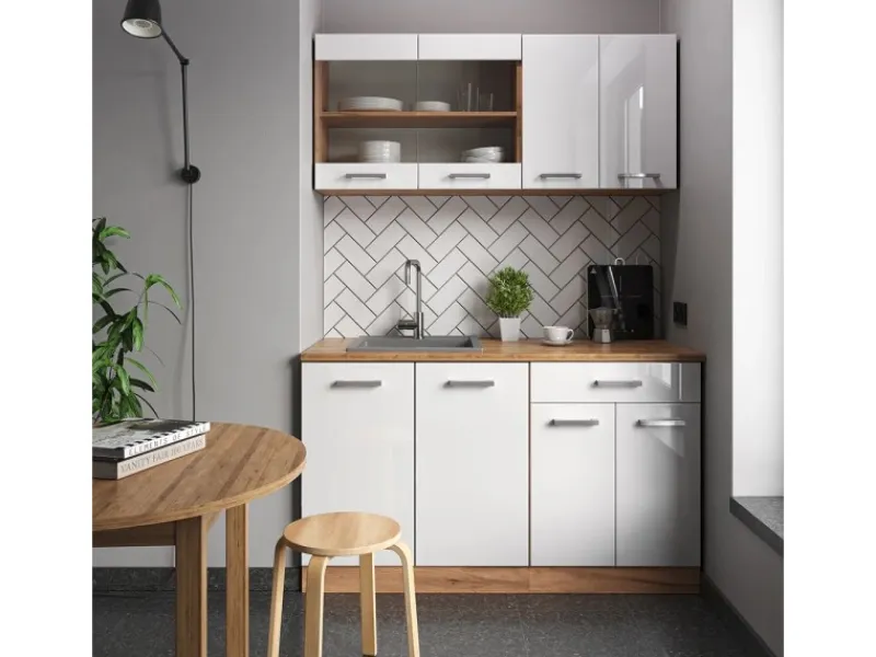 Vicco R-Line Singleküche Weiß Hochglanz/Goldkraft Eiche 140 cm ohne Arbeitsplatte ohne E-Geräte< Single-Küchen|Einbauküchen