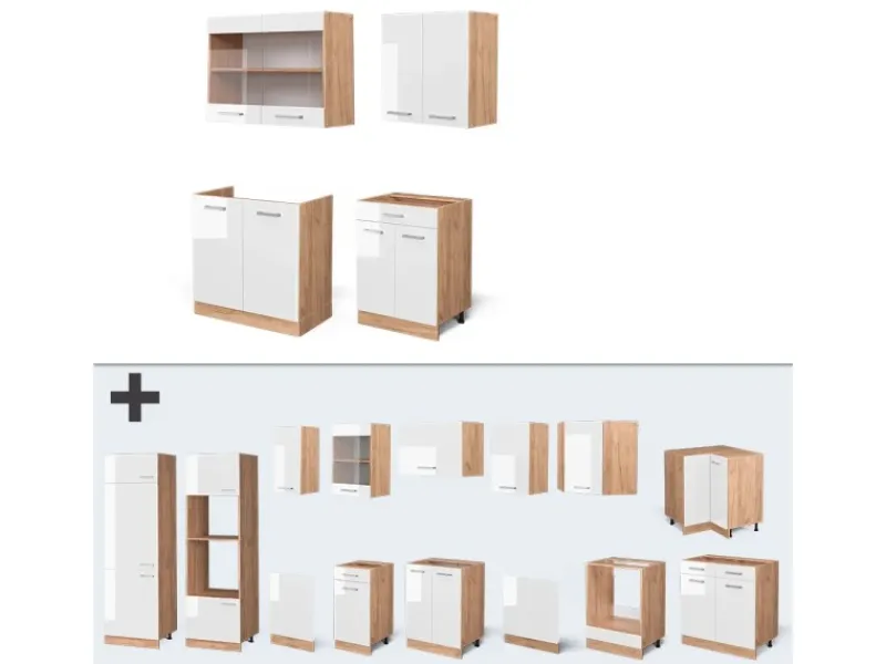 Vicco R-Line Singleküche Weiß Hochglanz/Goldkraft Eiche 140 cm ohne Arbeitsplatte ohne E-Geräte< Single-Küchen|Einbauküchen