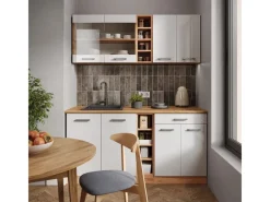 Single-Küchen<Vicco R-Line Singleküche Weiß Hochglanz/Goldkraft Eiche 160 cm AP Eiche ohne E-Geräte