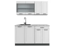 Hot Vicco R-Line Singleküche Weiß Landhaus/Anthrazit 140 cm AP Marmor ohne E-Geräte Weiß Strukturiert