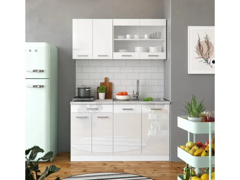 Vicco R-Line Singleküche Hochglanz/ 140 cm AP Eiche ohne E-Geräte Weiß