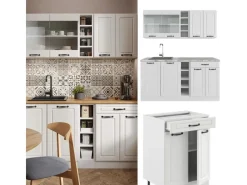 Vicco R-Line Singleküche Weiß Landhaus/Weiß 160 cm AP Marmor ohne E-Geräte< Single-Küchen|Einbauküchen