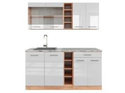 Best Vicco R-Line Singleküche Weiß Hochglanz/Goldkraft Eiche 160 cm AP Marmor ohne E-Geräte Hochglanz Weiß