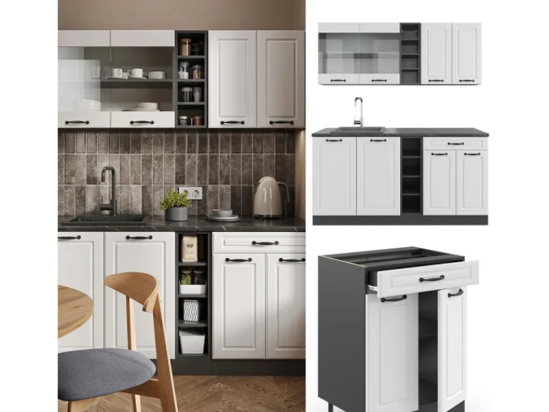 Discount Vicco R-Line Singleküche Weiß Landhaus/Anthrazit 160 cm AP Anthrazit ohne E-Geräte Weiß Strukturiert