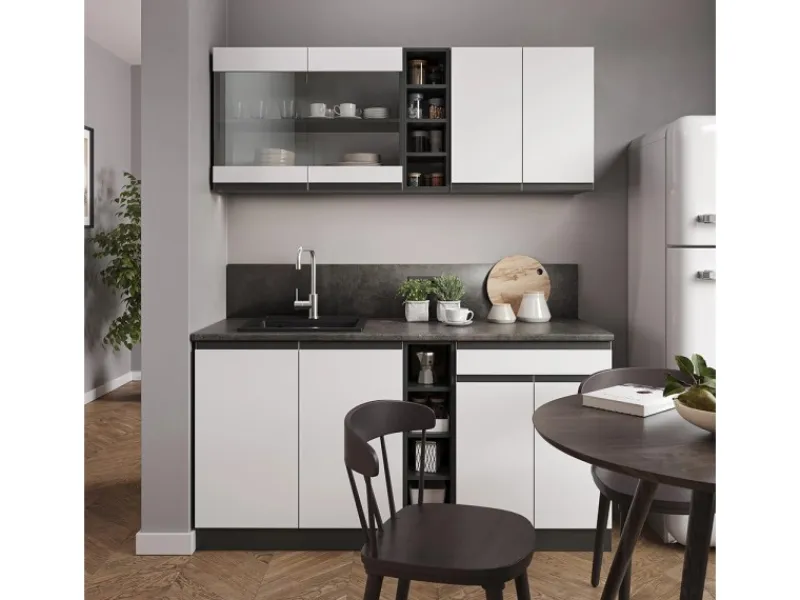 Clearance Vicco R-Line Singleküche /Anthrazit 160 cm J-Shape ohne E-Geräte Weiß