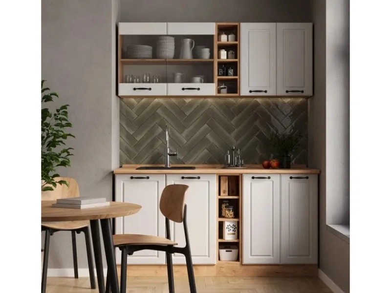 Vicco R-Line Singleküche Weiß Landhaus/Goldkraft Eiche 160 cm AP Eiche ohne E-Geräte< Miniküchen|Single-Küchen