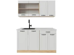 Single-Küchen<Vicco R-Line Singleküche Weiß Landhaus/Goldkraft Eiche 140 cm AP Marmor ohne E-Geräte