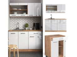 Hot Vicco R-Line Singleküche Weiß Hochglanz/Goldkraft Eiche 140 cm AP Eiche ohne E-Geräte Hochglanz Weiß
