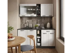 Outlet Vicco R-Line Singleküche Weiß Landhaus/Anthrazit 160 cm AP Marmor ohne E-Geräte Weiß Strukturiert