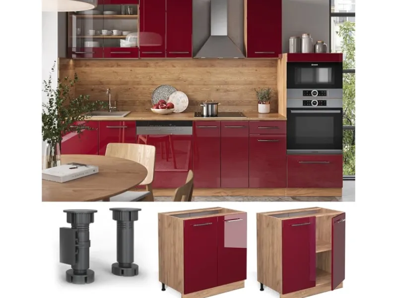 Vicco Spülenunterschrank Fame-Line Bordeaux Hochglanz/Goldkraft Eiche 80 cm mit Regal ohne Arbeitsplatte< Küchenschränke|Einbauküchen