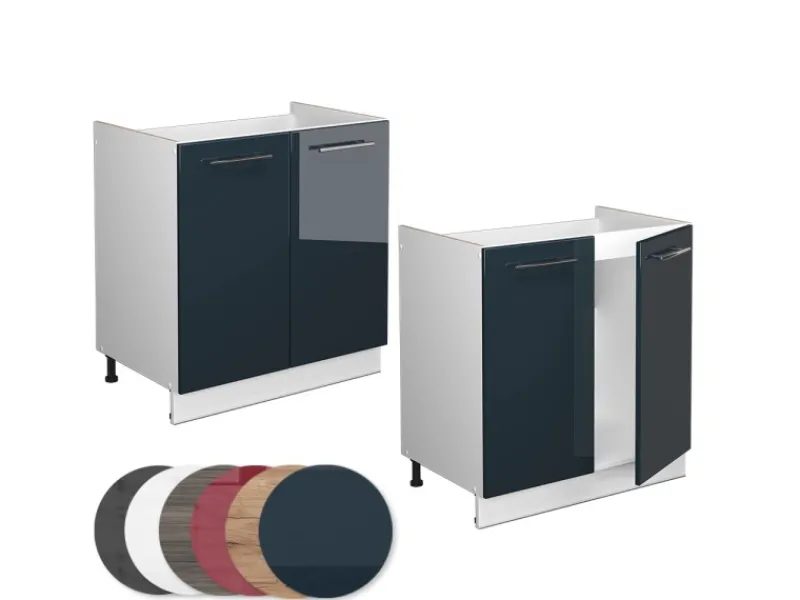 Kücheninseln|Küchenschränke<Vicco Spülenunterschrank Fame-Line Dunkelblau Hochglanz/Weiß 80 cm ohne Arbeitsplatte mit Weiß Korpus