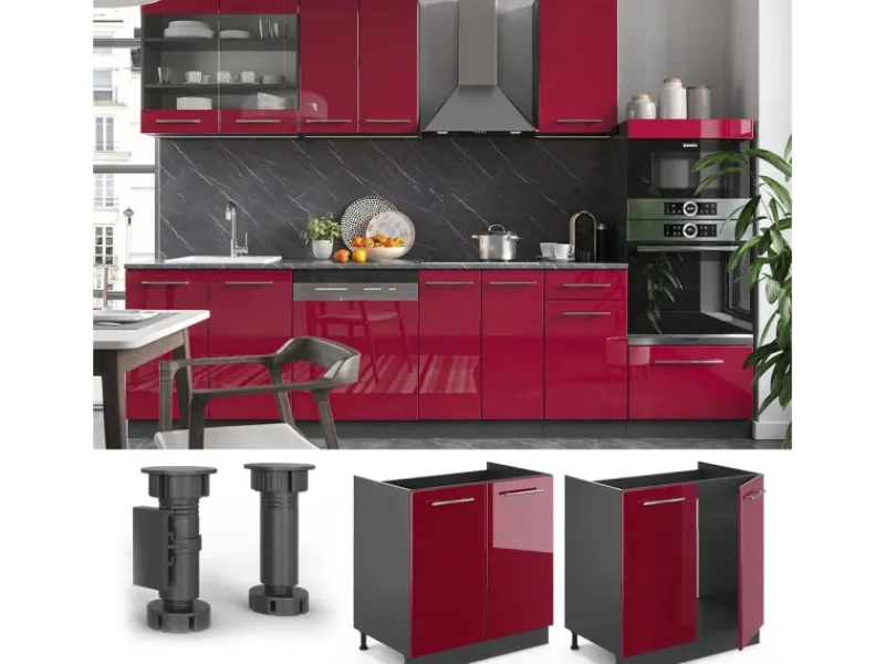Outlet Vicco Spülenunterschrank Fame-Line Bordeaux Hochglanz/Anthrazit 80 cm ohne Arbeitsplatte Bordeaux-Glanz