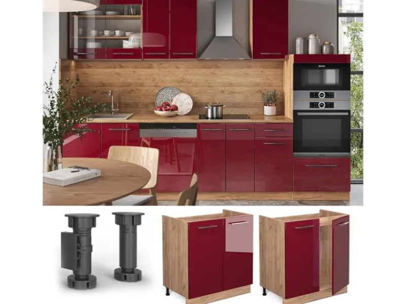 Vicco Spülenunterschrank Fame-Line Bordeaux Hochglanz/Goldkraft Eiche 80 cm AP Eiche< Pantryküchen