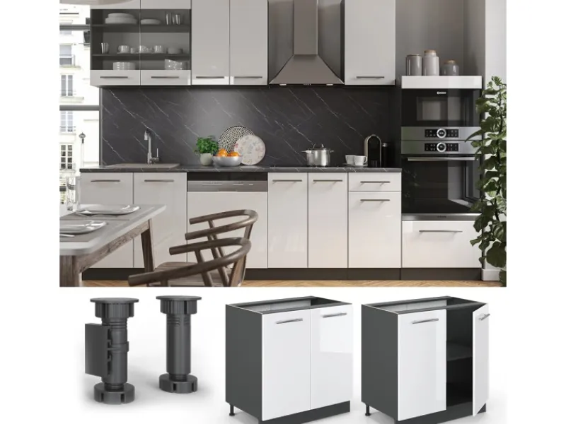 Vicco Spülenunterschrank Fame-Line Hochglanz/Anthrazit 80 cm mit Regal AP Marmor< Besteckkästen|Kochfelder