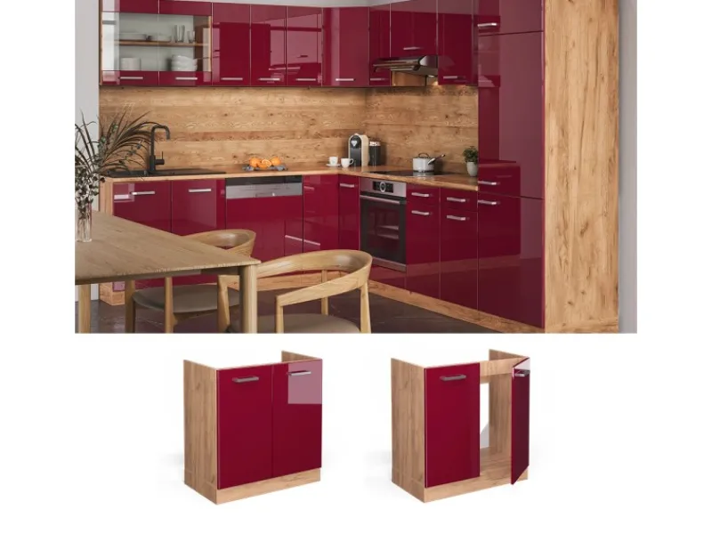 Vicco Spülenunterschrank R-Line Bordeaux Hochglanz/Goldkraft Eiche 80 cm AP Eiche< Küchenschränke