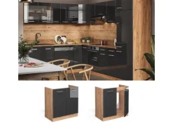 Vicco Spülenunterschrank R-Line Hochglanz/Goldkraft Eiche 80 cm AP Marmor Anthrazit
