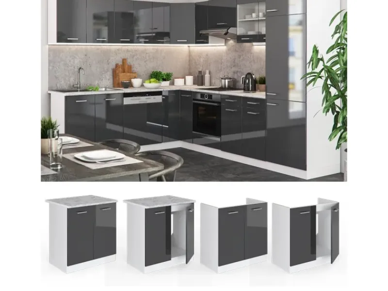 Sale Vicco Spülenunterschrank R-Line Hochglanz/Weiß 80 cm AP Eiche Anthrazit