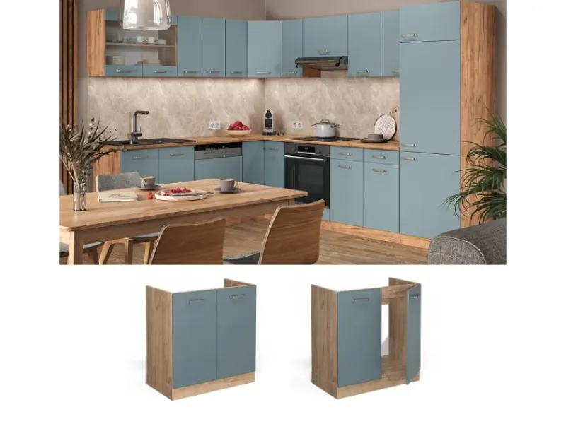Vicco Spülenunterschrank R-Line Blau-Grau/Goldkraft Eiche 80 cm AP Marmor< Küchenschränke