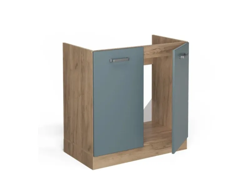 Vicco Spülenunterschrank R-Line Blau-Grau/Goldkraft Eiche 80 cm AP Marmor< Küchenschränke