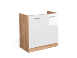 Clearance Vicco Spülenunterschrank R-Line Hochglanz/Goldkraft Eiche 80 cm ohne Arbeitsplatte Weiß