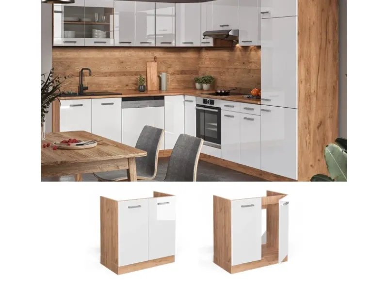 Clearance Vicco Spülenunterschrank R-Line Hochglanz/Goldkraft Eiche 80 cm ohne Arbeitsplatte Weiß