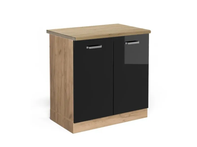 Vicco Spülenunterschrank R-Line Schwarz Hochglanz/Goldkraft Eiche 80 cm AP Eiche< Küchenschränke